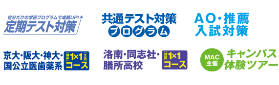 定期テスト対策/センター対策プログラム/AO・推薦入試対策/京大・阪大・神大・国公立医歯薬系/洛南・同志社・膳所高校/キャンパス体験ツアー